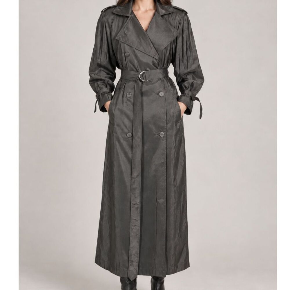 Vintage Black Trench Coat Medium Long Belted Double Breasted